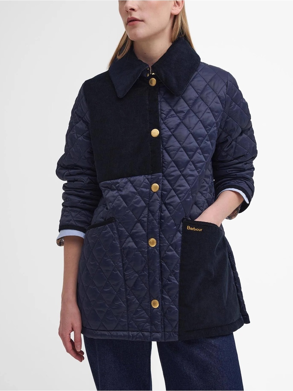 New! NWT Barbour Size 12 US Reeth Quilted Jacket Navy Blue Gold Corduroy Trim